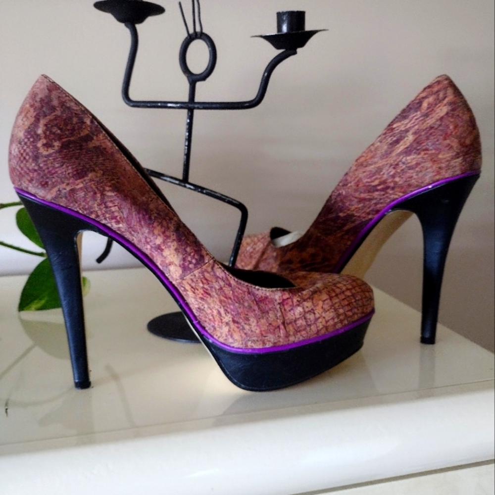 Faux Animal Print and Purple High Heels Size 11